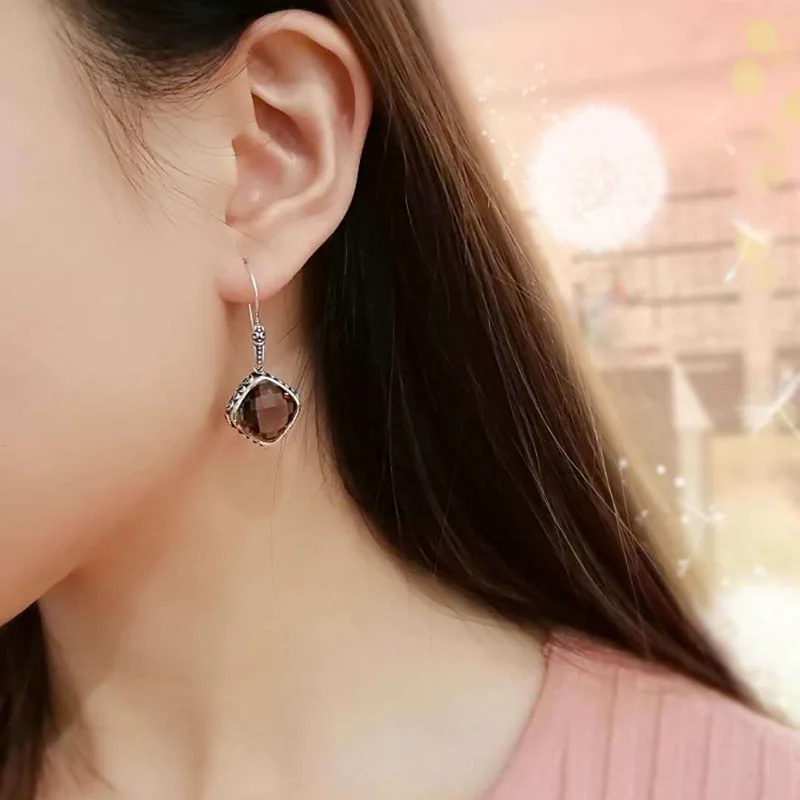 Earings Silver Sterling 925 Natural Gemstone Smoky Quartz Faceted Drop Earrings For Women Ladies Fine Jewellery Vintage Design