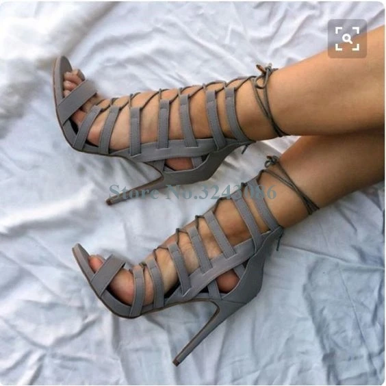 spesifikasi Hitam Abu-abu Suede Cross Diikat Tumit Tinggi Sandal Terbuka Toe High Heel Sandal Tali Pergelangan Kaki Renda Wanita Musim Panas Sepatu Baru
