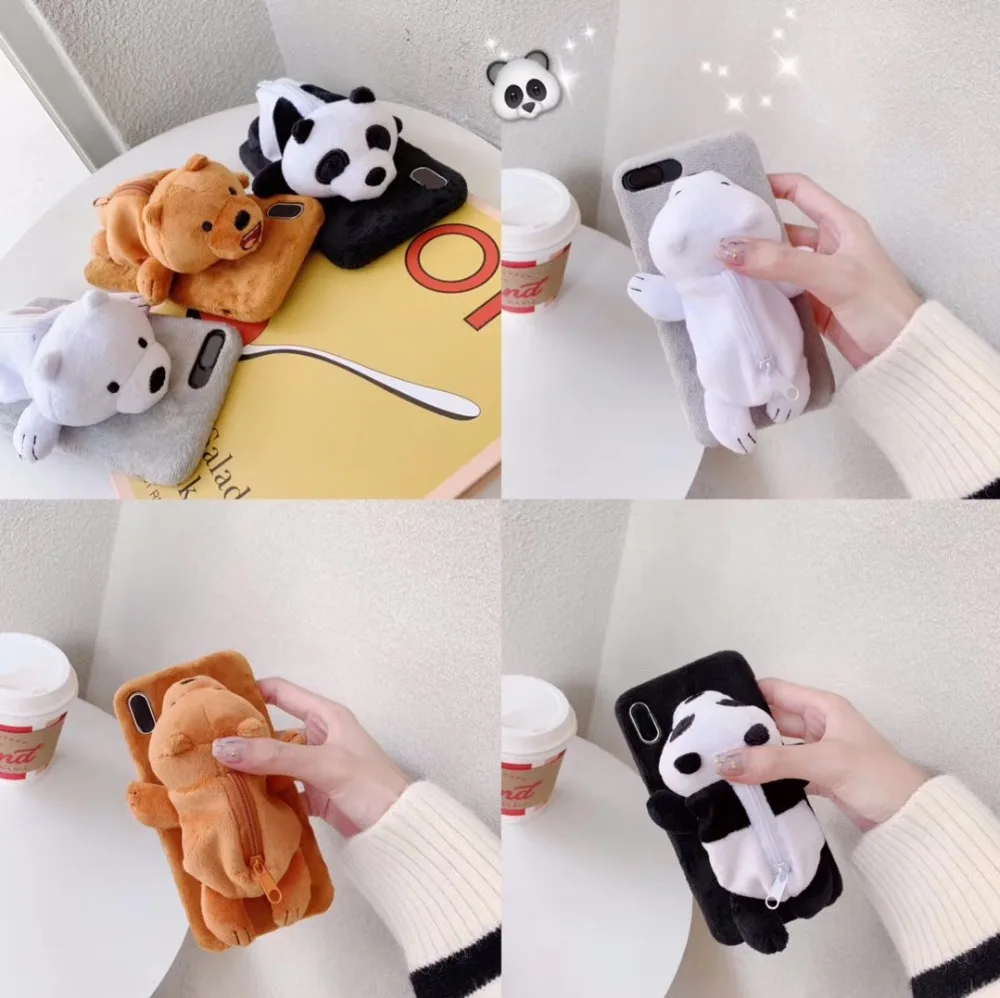 Для iPhone милый пушистый мех кролика теплый плюшевый мех 3D Белый медведь и панда игрушка кукла Новинка портмоне на молнии мягкий чехол из ТПУ