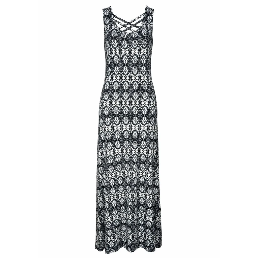Summer Bohemian Print Long Dress Women Halter Neck Boho Print Sleeveless Casual Mini Beachwear Dress Sundress ropa mujer#C - Цвет: Gray