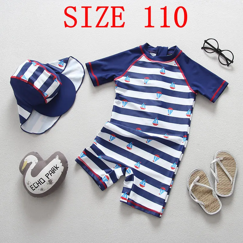 SIZE 110 Купальный костюм для мальчиков, новинка года, брендовый купальный костюм в полоску для малышей детский купальный костюм с солнцезащитной шапочкой, милый детский купальный костюм с героями мультфильмов, От 1 до 7 лет - Цвет: SIZE 110