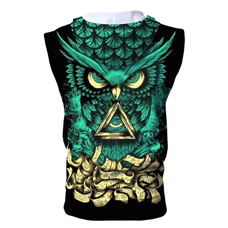 Модная толстовка с капюшоном без рукавов 3D-принтом зеленой совы крутая уличная