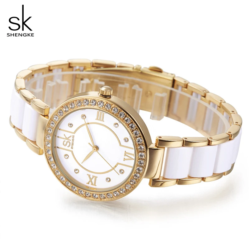 Часы наручные Shengke женские кварцевые с браслетом из нержавеющей стали # K0031 -
