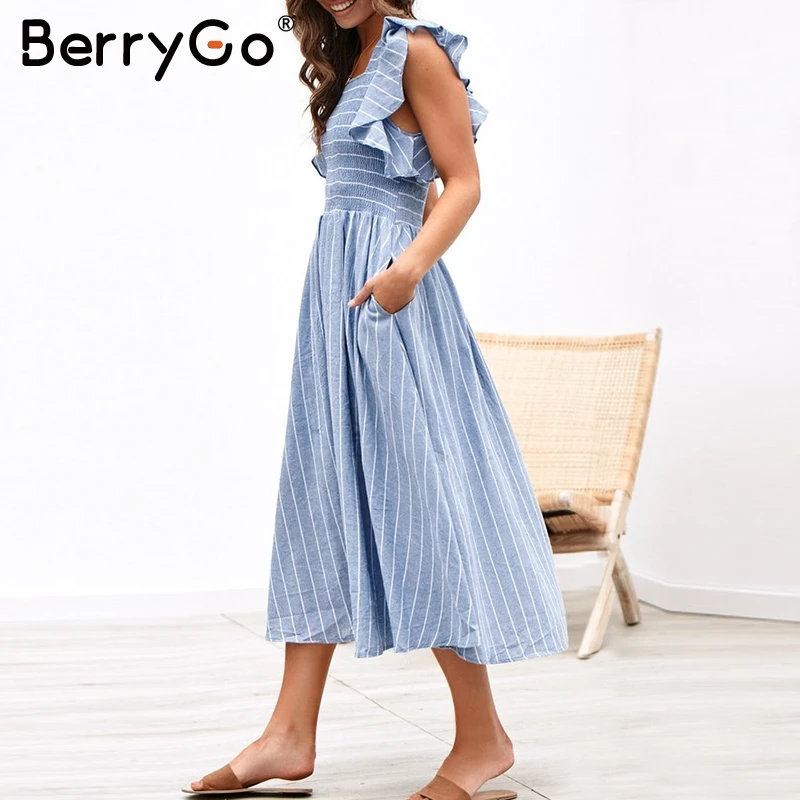 BerryGo/Винтажные элегантные полосатые женские платья с рюшами и длинными рукавами