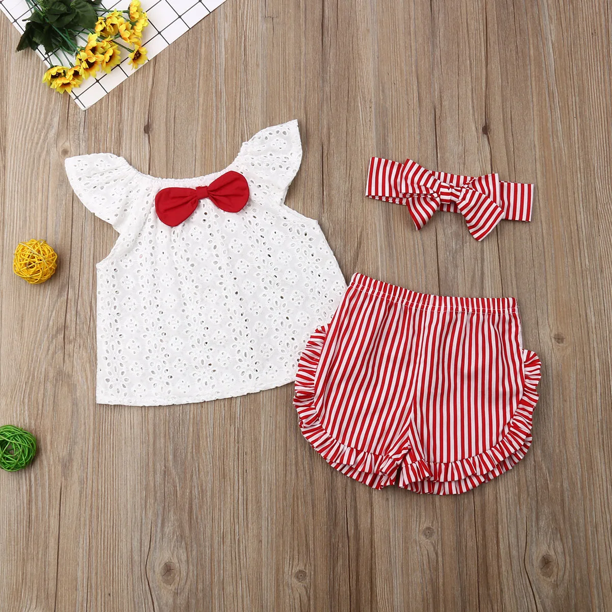 Милые летние комплекты одежды для новорожденных девочек топы с белым бантом +