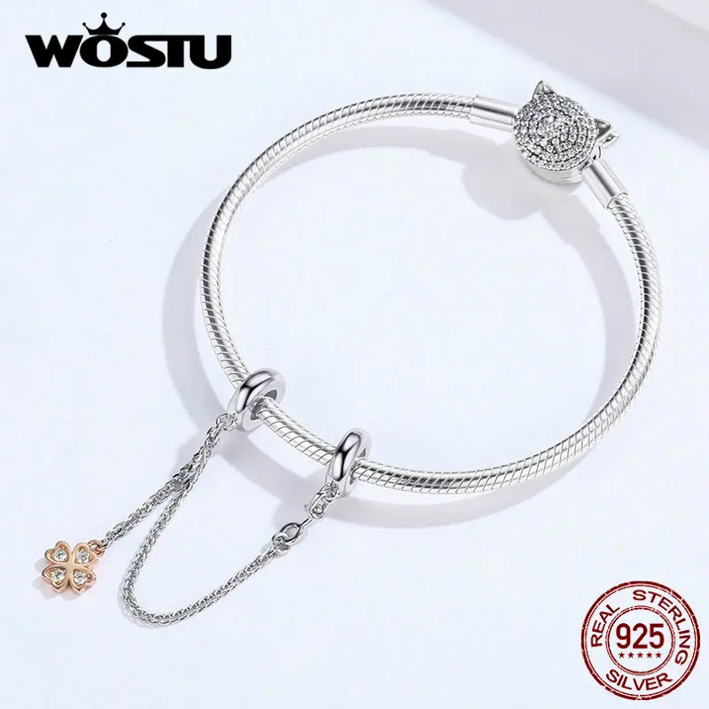 WOSTU, розовое золото, клевер, силиконовая безопасная цепочка, шарм, бусины из стерлингового серебра 925, подходит для оригинального браслета, сделай сам, изготовление ювелирных изделий CQC1261