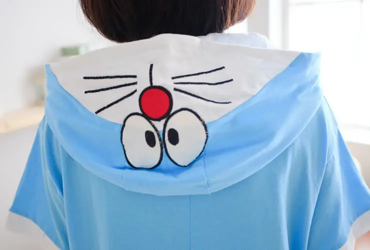 Лето Аниме Doraemon Коллекция Капюшоном Onesie Женщины Ladiy 100% Хлопок Cos Пижамы Партия с Zip