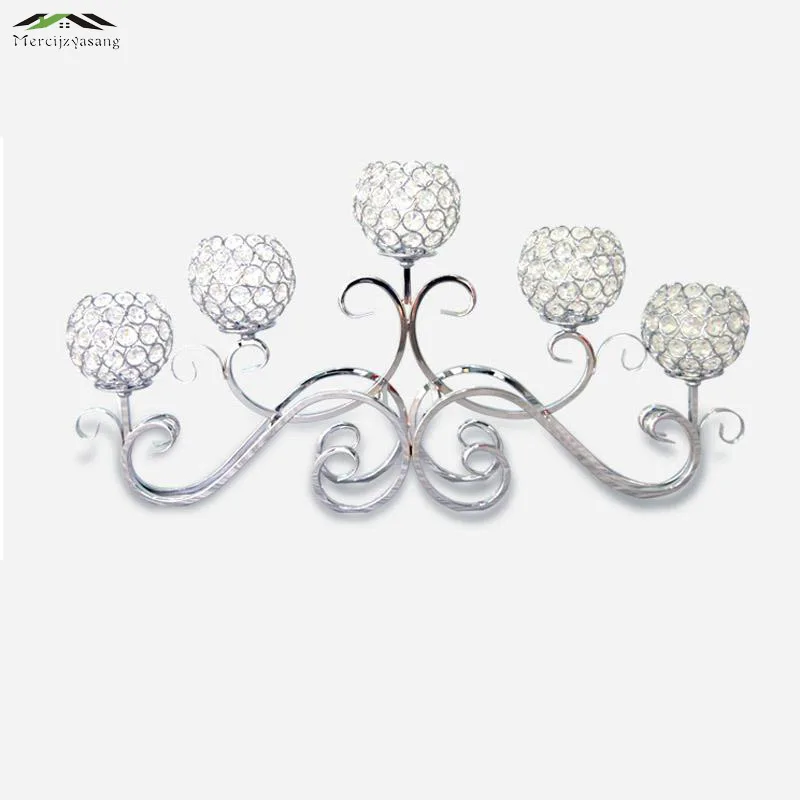 

Metal Silver Plated Candle Holders 5-Arms With Crystals 70CMx33CM Stand Pillar Candlestick For Wedding Portavelas Candelabra