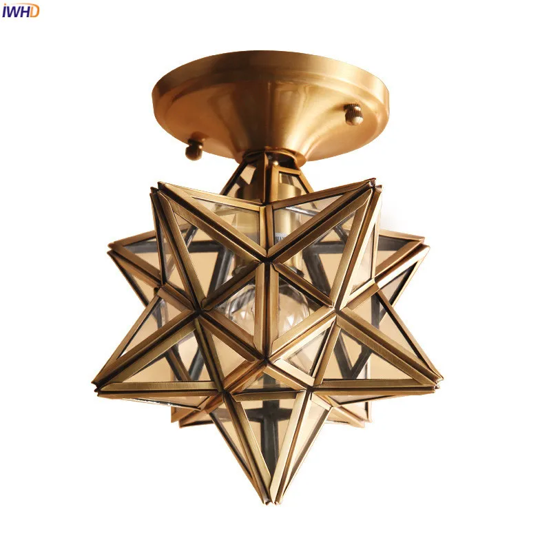 

IWHD American Copper Glass Ceiling Lamp Kitchen Hallway Balcony Porch Star Vintage LED Ceiling Light Plafon Luminaria Lighting