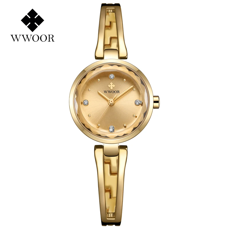 Gold with Box WWOOR новые золотые часы для женщин кварцевые платье часы женские наручные часы водостойкие небольшие часы женский браслет наручные часы reloj mujer - Цвет: Gold with Box