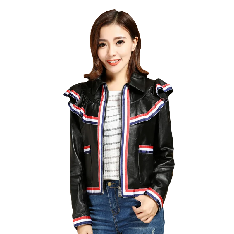 Корейской версии женские кожаные кожаная одежда короткая отделкой листьев