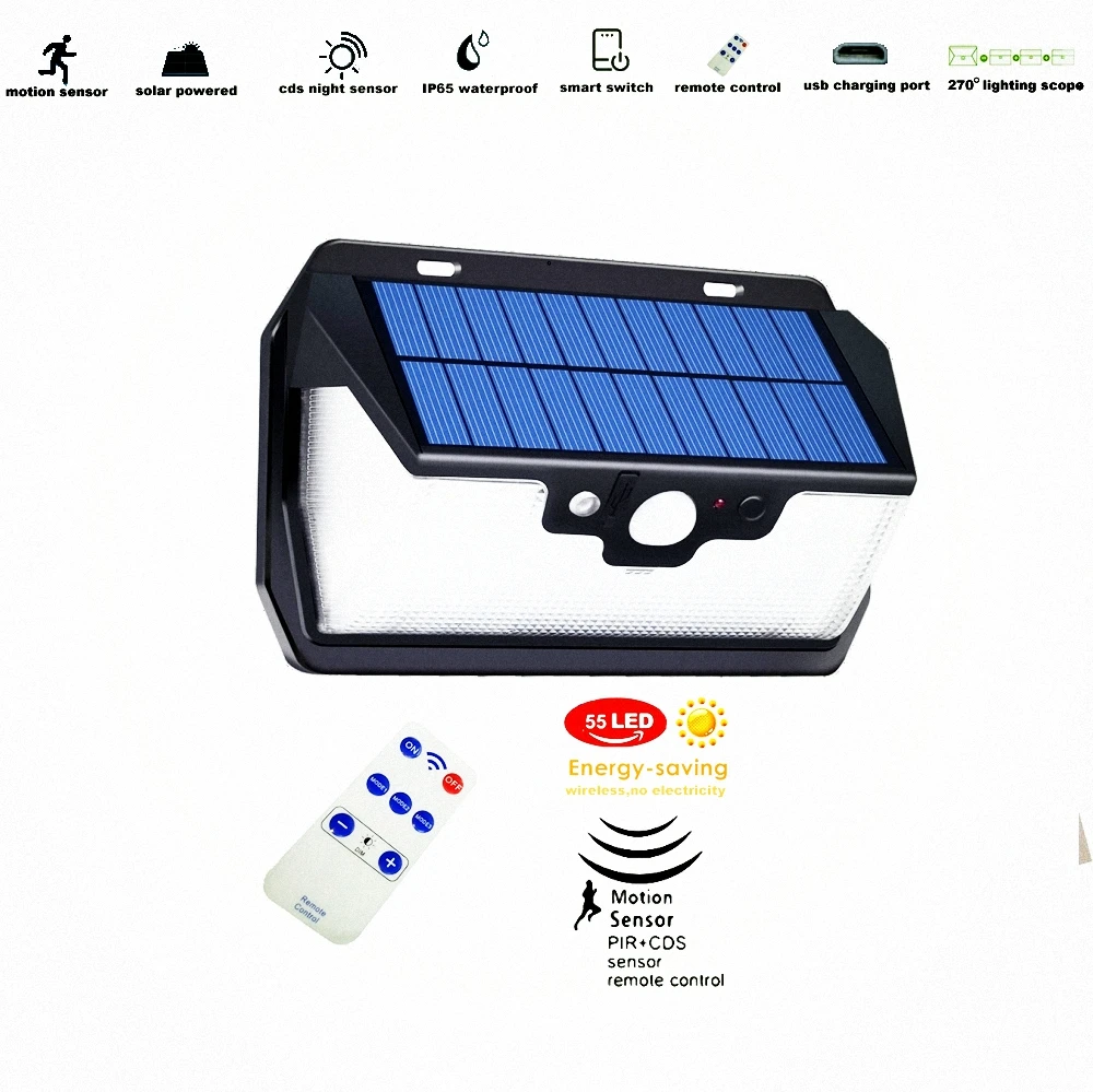 55 leds Solar light remote control radar 3 side lighting usb port Outdoor lamp Garden Yard Emergency landscape camps patio fence | Лампы и
