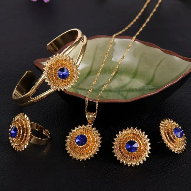 

Bangrui Dubai Gold Jewelry Set For Women African Ethiopian Jewelry Antique Bangle EarringsRing Pendant Necklace Set