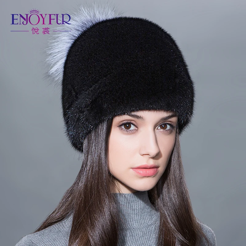 ENJOYFUR Wonmen меховая шапка для зимнего натурального цельного пластины норки с silver
