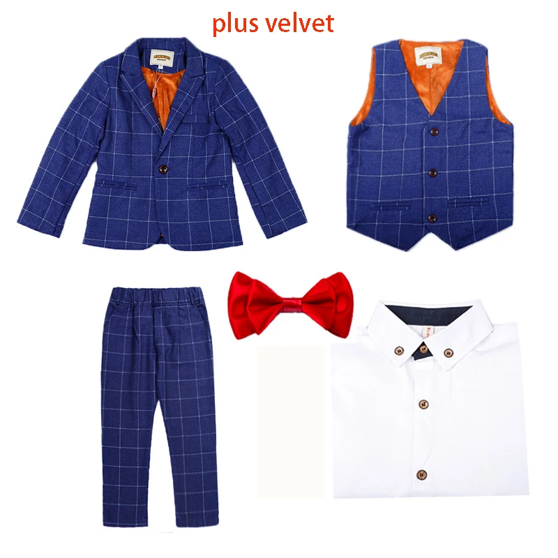 blue 4pcs thickening Осень-зима, детский деловой костюм, комплекты клетчатый смокинг с цветочным принтом для мальчиков, жилет, рубашки, штаны, комплекты одежды детский костюм для свадебной вечеринки - Цвет: blue 4pcs thickening