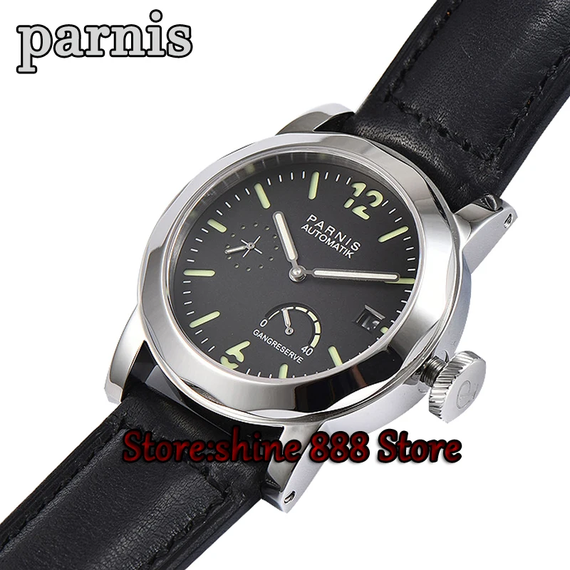 Мужские часы PARNIS Power Reseerve с роскошным сапфировым стеклом из натуральной кожи ST2530