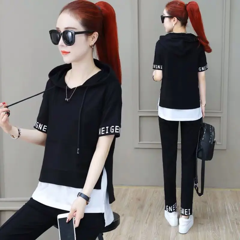Летний костюм спортивный модный новый корейский Свободный женский с коротким