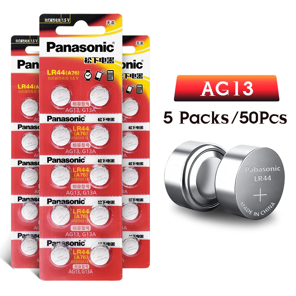 Panasonic 50 шт. 1,5 V кнопочный элемент Батарея lr44 Литиевые Батарейки-таблетки A76 AG13 G13A LR44 LR1154 357A SR44