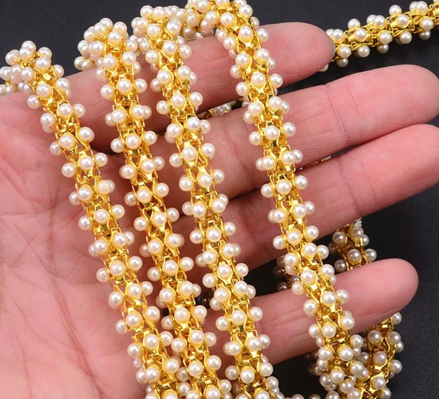 1 ярд 10 мм белые круглые жемчужные бусины с золотой/серебряной лентой в виде