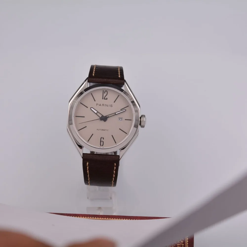43 мм Топ бренд часы Parnis модный серый циферблат полигон корпус Календарь