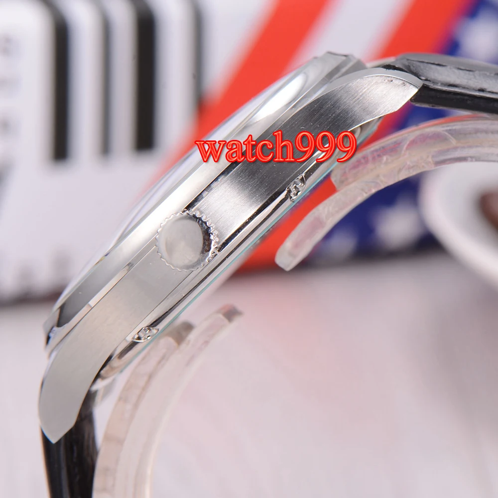 44 мм Parnis белый циферблат ручная намотка 6497 мужские часы кожаный ремешок корпус из