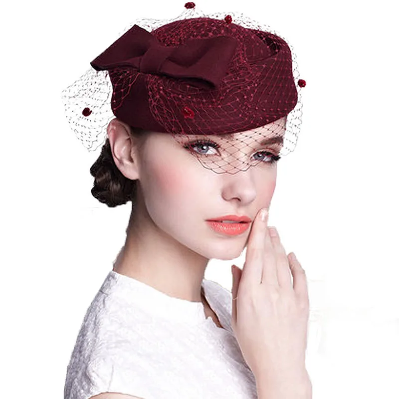 Jujube red FS, австралийские шерстяные шляпы для женщин, фетровая шляпа с вуалью и бантом, шляпа-чародей, элегантные свадебные французские шапки стюардессы в стиле Дерби - Цвет: Jujube red