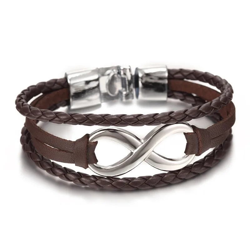 wholesale New Fashion Black plated Infinity Bracelet Genuine Leather Hand Chain Alloy Buckle friendship bracelet men | Украшения и