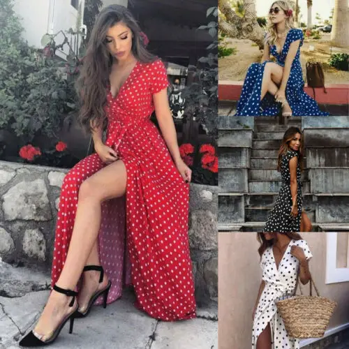 ZOGAA Women Boho Wave Point Maxi V Neck Long Dress Summer Beach Slit Spilt Sundress Dot vintage sexy women dress | Женская одежда