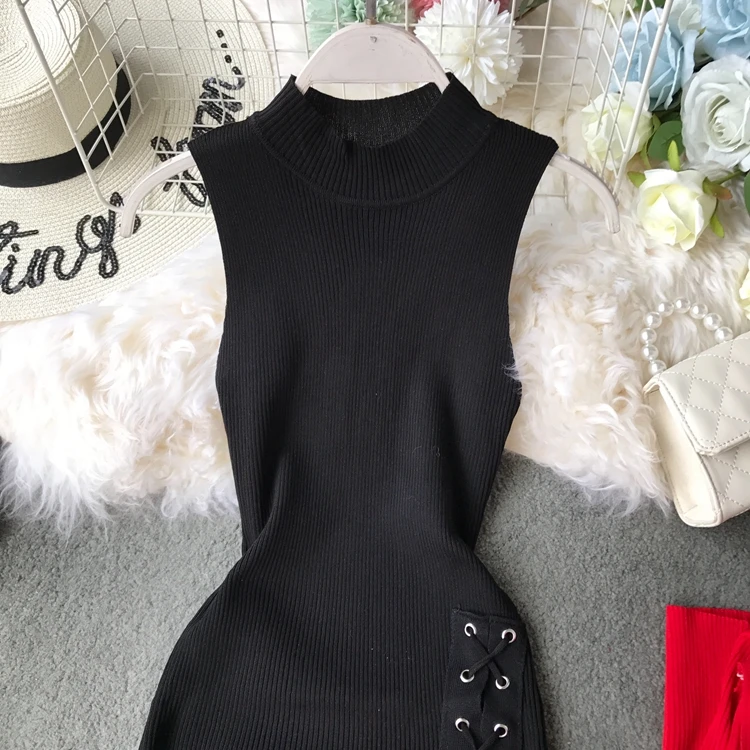 ALPHALMODA винтажное вязаное платье без рукавов осеннее узкое облегающее трикотажное платье на шнуровке