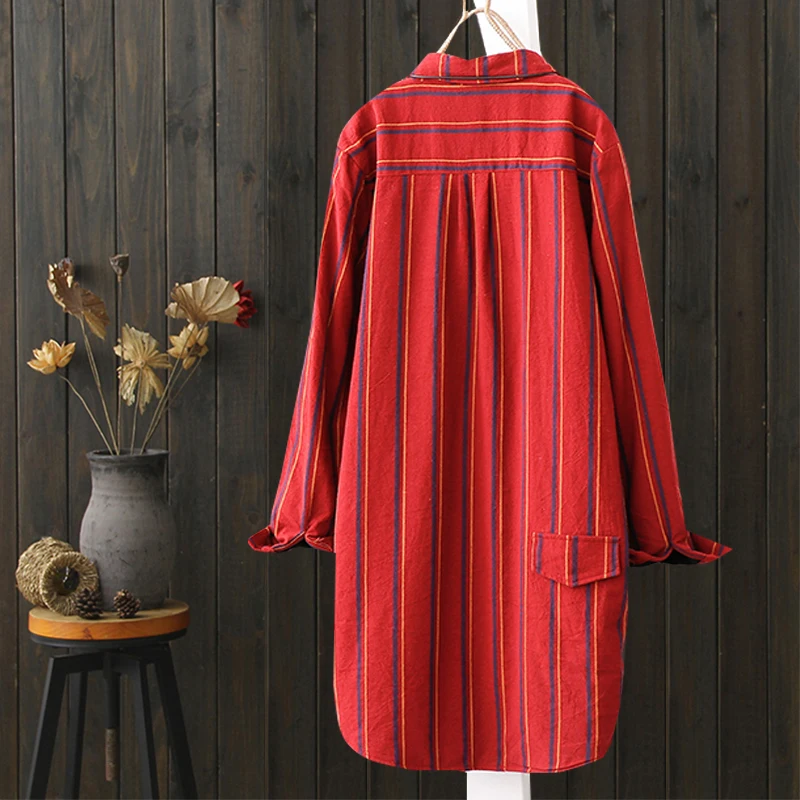 Casual Contrast Color Vertical Striped Shirt Ladies Long Tops 2018 Turn Down Collar Fall Winter Warm Velvet Cardigan Coat Retro |