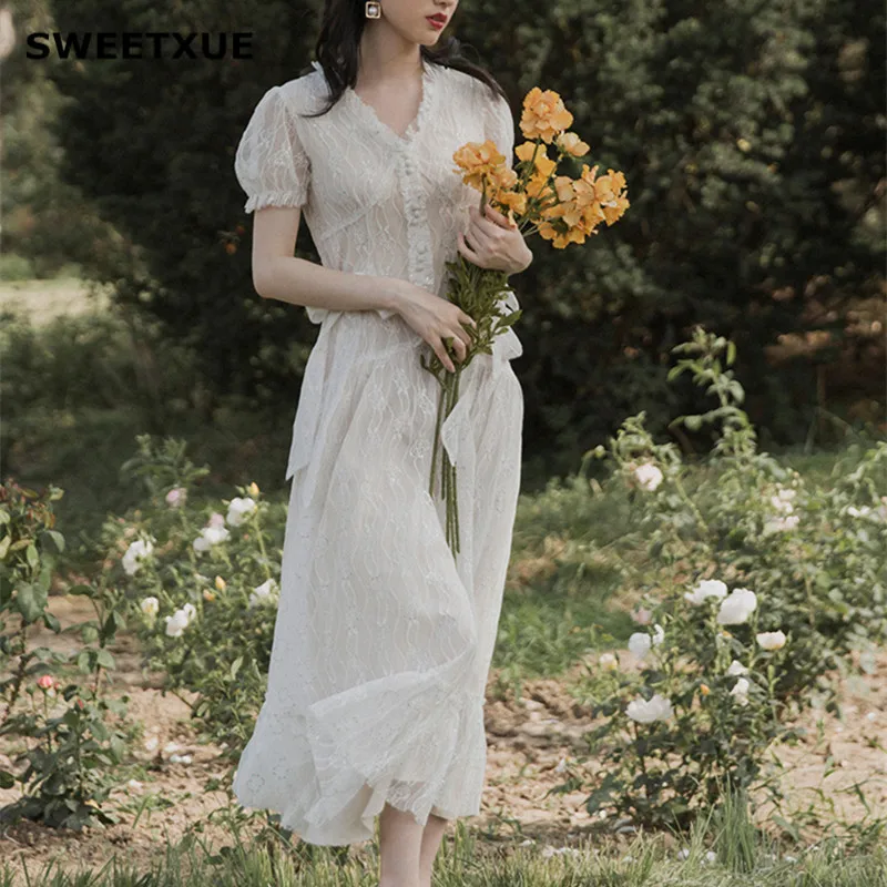 SWEETXUEE/2019 летнее винтажное белое кружевное платье с v образным вырезом и пышными