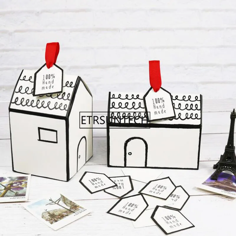 

200pcs Paper Box House Candy Box with Red Ribbon Paper Tag for Cake Cookie Party Decoration House Shape White Gift