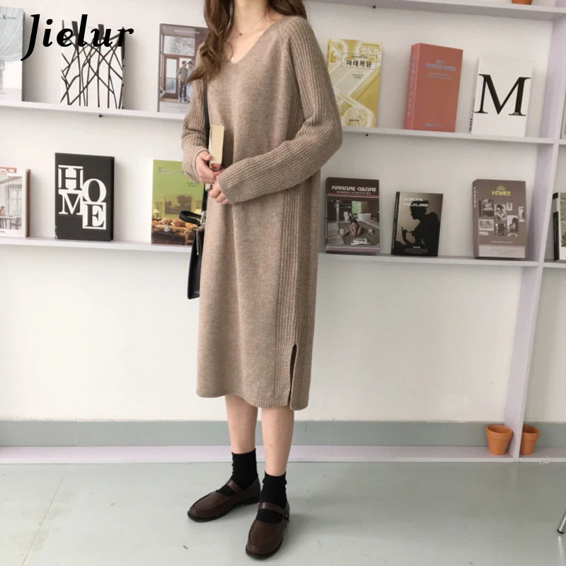 Jielur трикотажное платье Kpop Стиль v-образный вырез длинный рукав платья-свитера