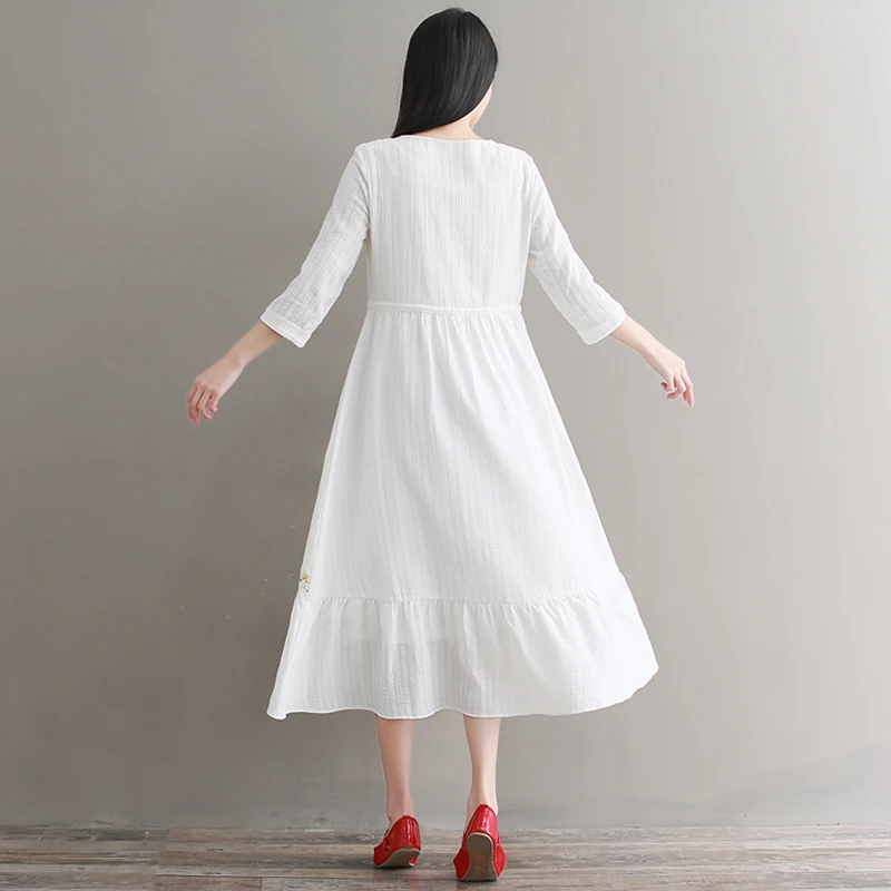 2018 летние однотонные винтажные платья из хлопка и льна с вышивкой три четверти