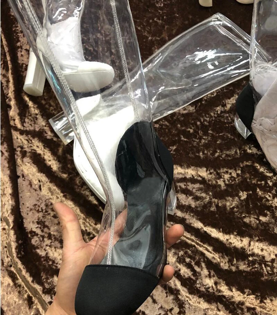 

Stylesowner transparent pvc patchwork women boots roune toe clear crystal heel long boots fashion lady street runway boots shoes