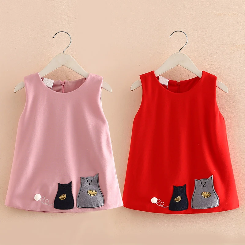 

Toddler Baby Girls Dresses Winter 2017 Brand Children Dress European Style Sleeveless Wool Dress Girls Cartoon Cat Vest Dresses