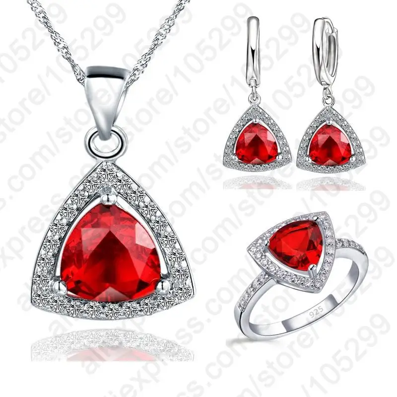 Red Jewelry Sets Fat Triangle Cubic Zirconia CZ Stone 925 Sterling Silver Earrings Necklaces Finger Rings US 6-9