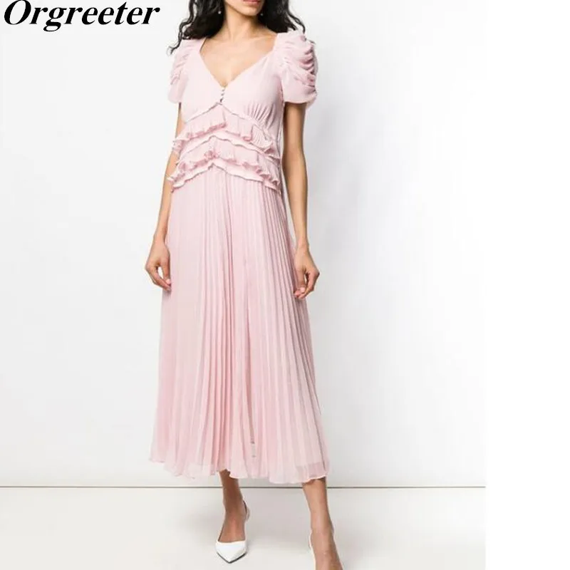 Новое поступление 2019 розовое шифоновое платье с рукавами фонариками женское