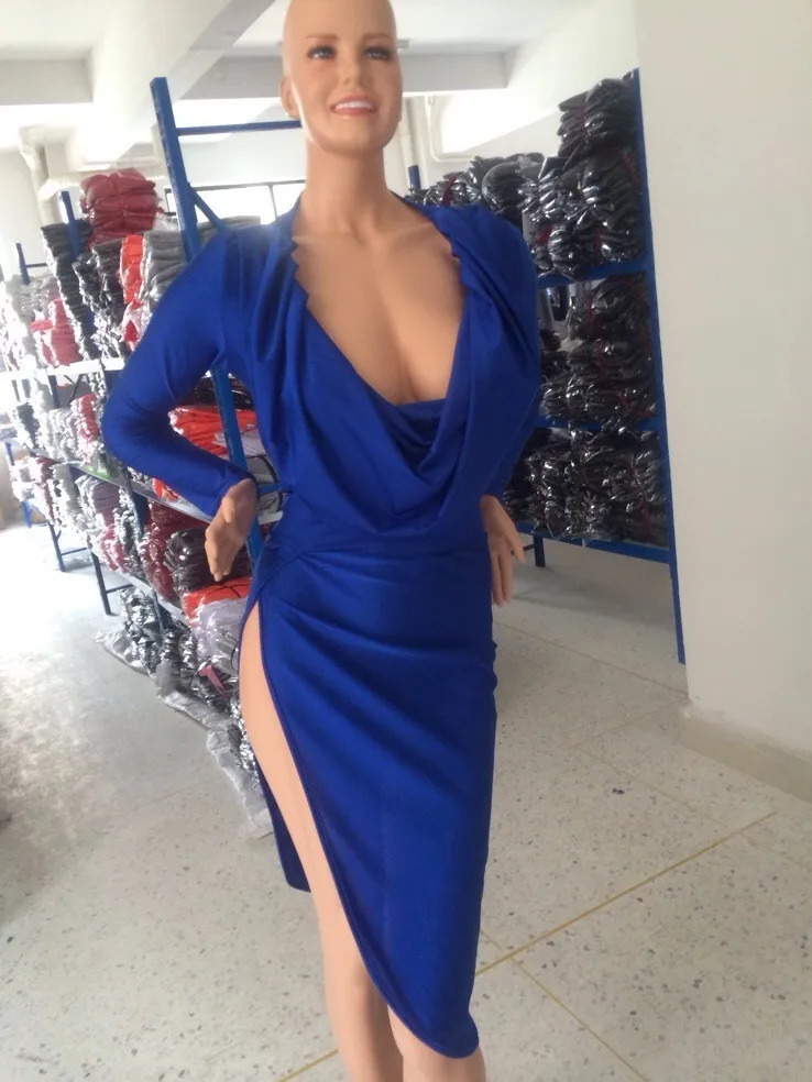 Ms 2015 autumn fashion long-sleeved pure color cultivate one's morality show thin package hip big v-neck dew chest dress | Женская