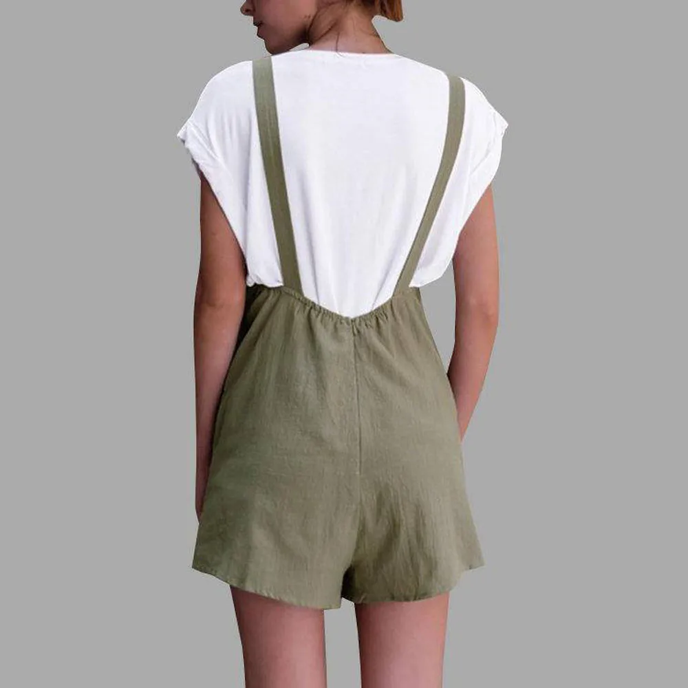 

Womail bodysuit Women Summer Fashion Casual Elastic Waist Dungarees Linen Cotton Pockets Rompers Shorts Playsuit M6