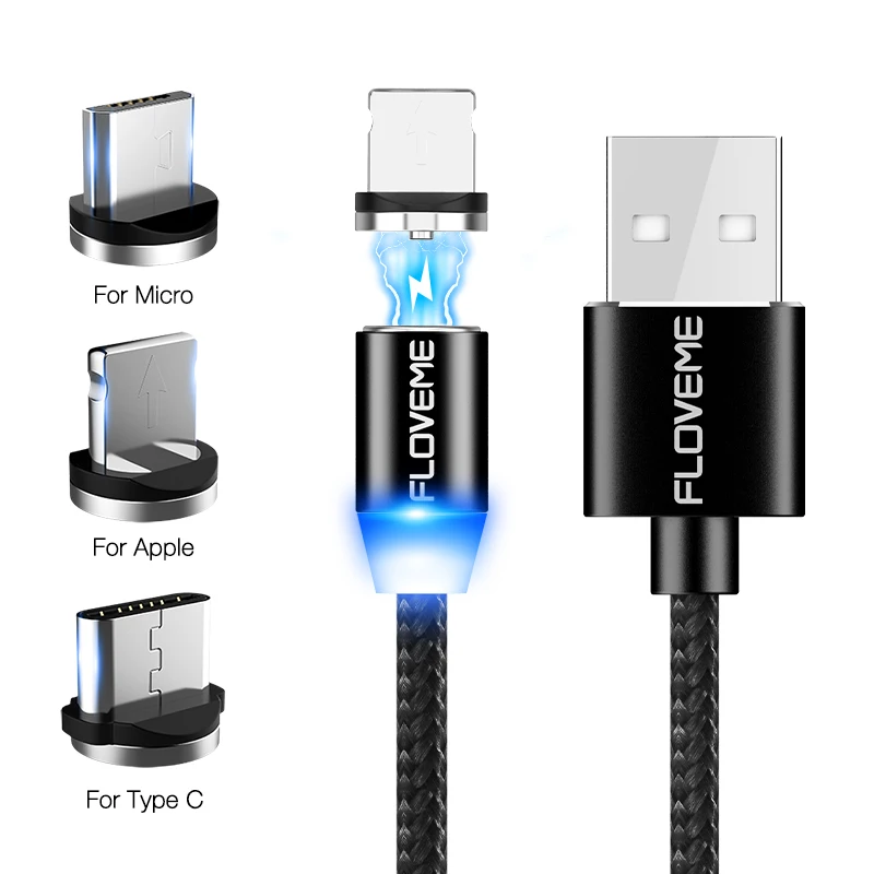 Black FLOVEME 360 градусов 3 в 1 Магнитный кабель для iPhone X 8 освещение Micro usb type-C светодиодный нейлоновый плетеный провод Магнитный кабель для зарядного устройства C - Цвет: Black