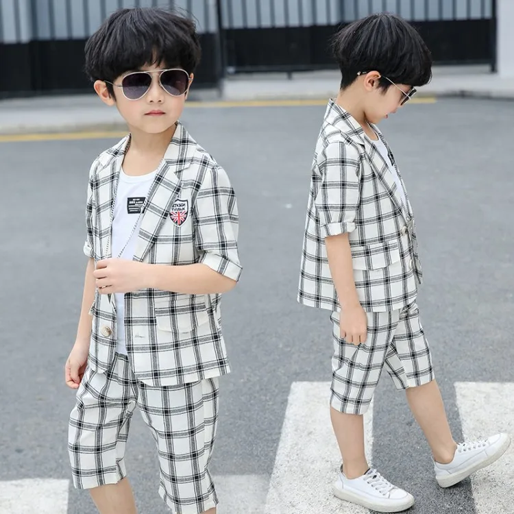 2019 New 3PCS Kids Plaid Wedding Blazer Half sleeve Suit Brand Flower Boys Formal Tuxedos School Spring Clothing Set |