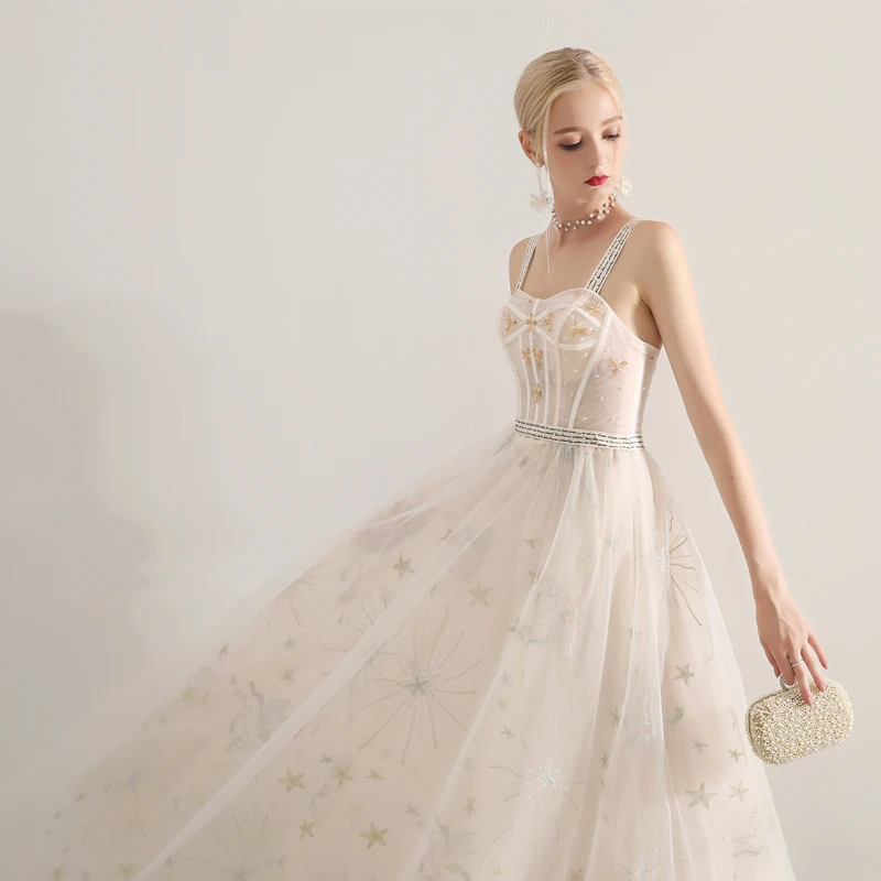 SSYFashion Новое Вечернее платье, для банкета светильник цвета шампань длина до пола бисер Спагетти ремень Формальные Вечерние платья Robe De Soiree