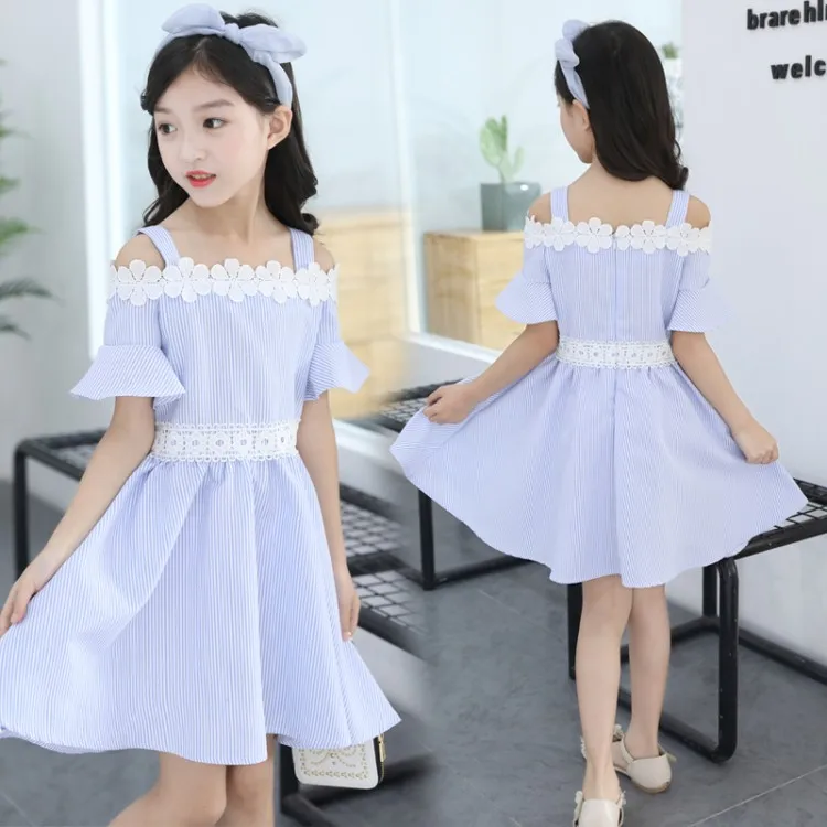 girls new fashion off-the-shoulder striped dress children flare clothing child lacework clothes baby shoulderless dresses | Детская