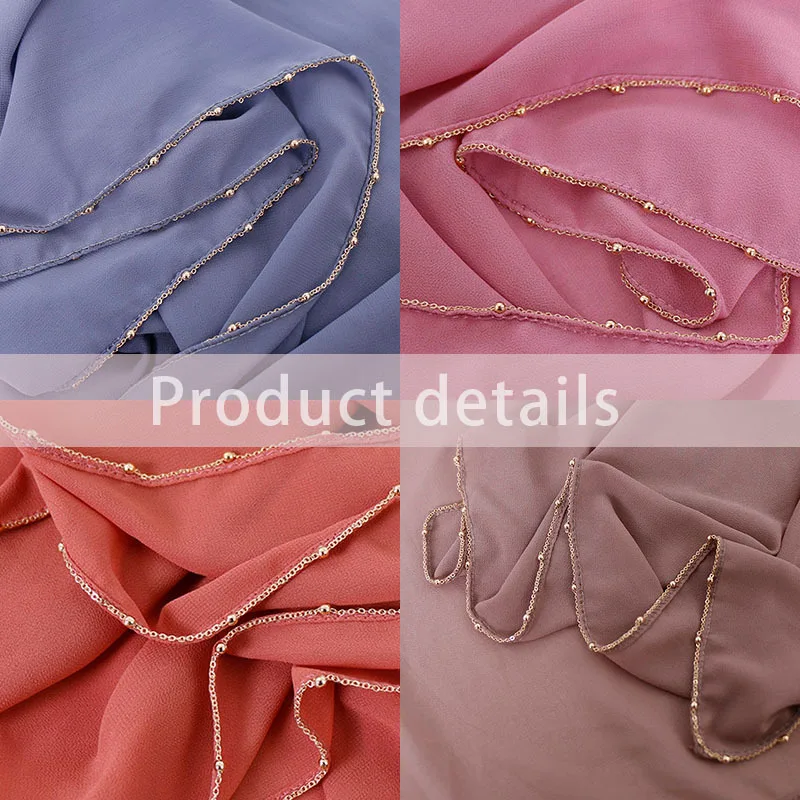 Plain Luxury Gold Chain Bubble Chiffon Instant Hijab Shawl Women High Quality Beads Shimmer Wrap Headband Stole Muslim Scarves |