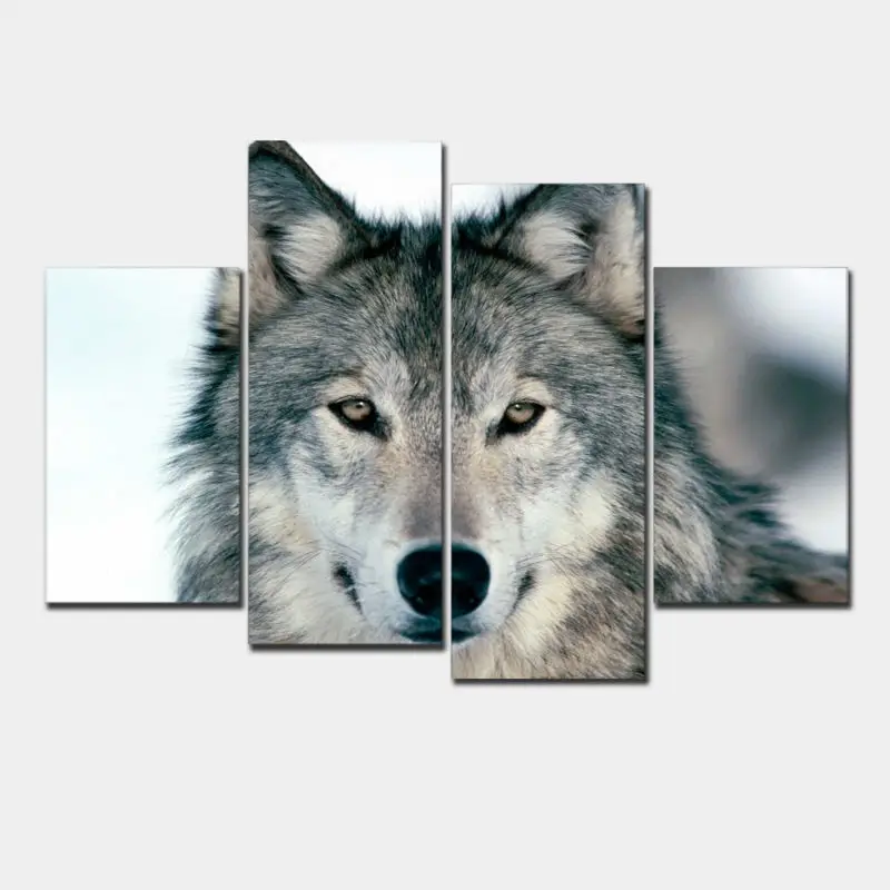 4 шт. Wall Art Модульная картина картины на холсте черный и белый серый волк модульные