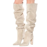 new fashion flock leather women over the knee cream color boots sexy chunky high heels women shoes winter boots warm size 35 43