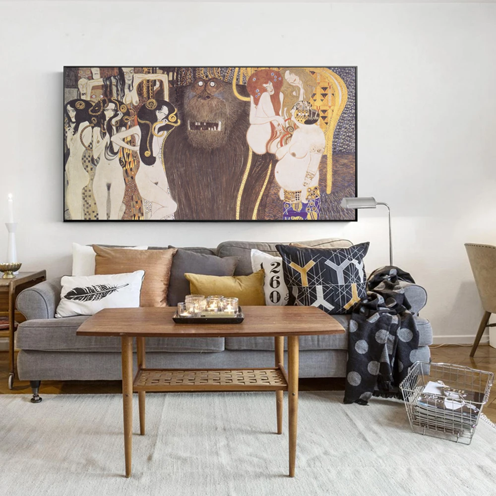 Gustav Klimt Paintings Reproductions On The Wall Beethoven Frieze Art Canvas Prints Nude Cuadros Pictures For Living Room | Дом и сад