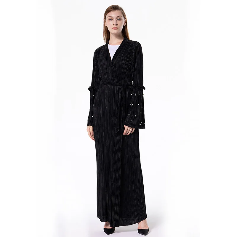 Abaya Дубай мусульманская мода Свободный тренд бисером Рог жемчуг длинный рукав
