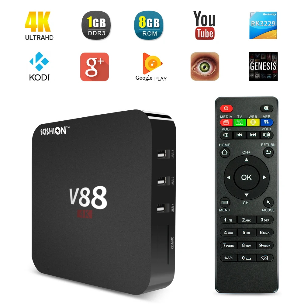Yuntab V88 Android 5.1 RK3229 Quad core TV Приемник Media Player 1 Г RAM 8 ROM Поддержка 3D Коди XBMC Miracast DLNA Smart тв